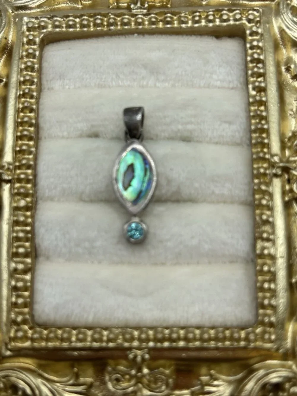 Vintage Sterling Silver Abalone Pendant Marquise Inlay Blue Stone Accent - Picture 12 of 12